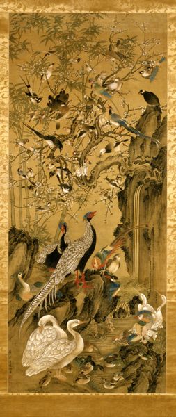 Cherry Apple and Peacocks on Rock 岩上孔雀図
