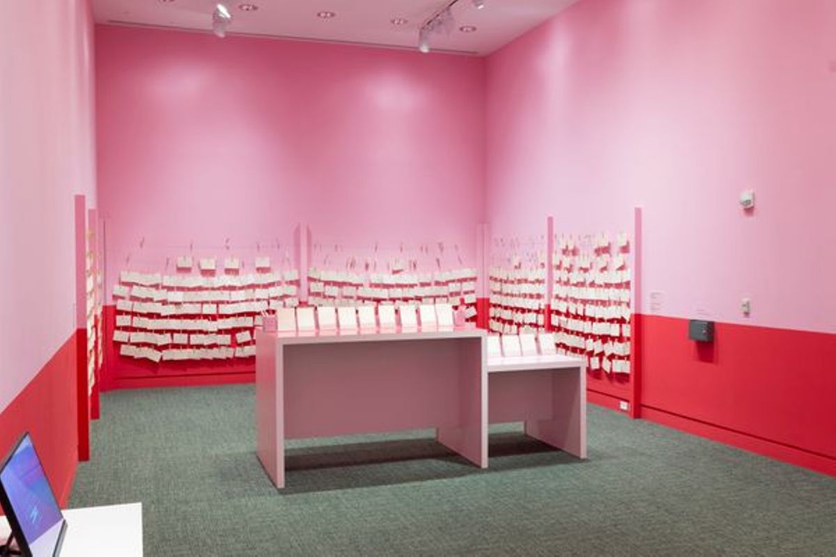 Installation view of El Tendedero/The Clothesline Indiana, November 18, 2022—September 10, 2013. Artwork © Mónica Mayer.