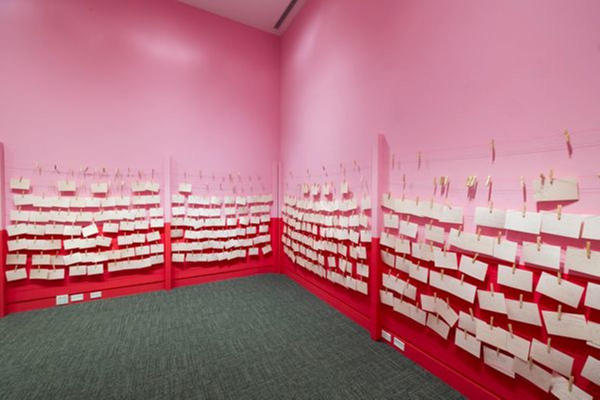 Installation view of El Tendedero/The Clothesline Indiana, November 18, 2022—September 10, 2013. Artwork © Mónica Mayer.