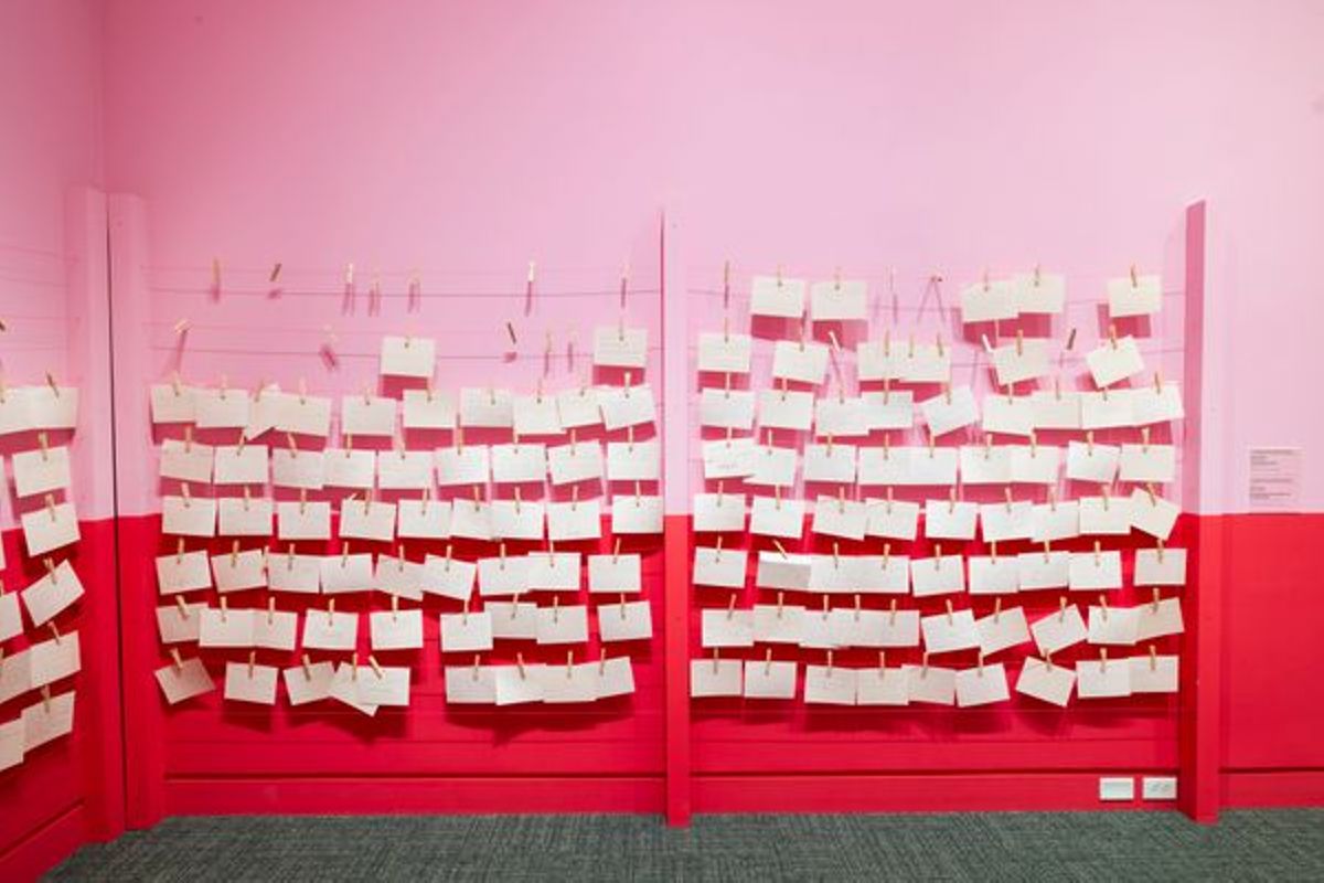 Installation view of El Tendedero/The Clothesline Indiana, November 18, 2022—September 10, 2013. Artwork © Mónica Mayer.