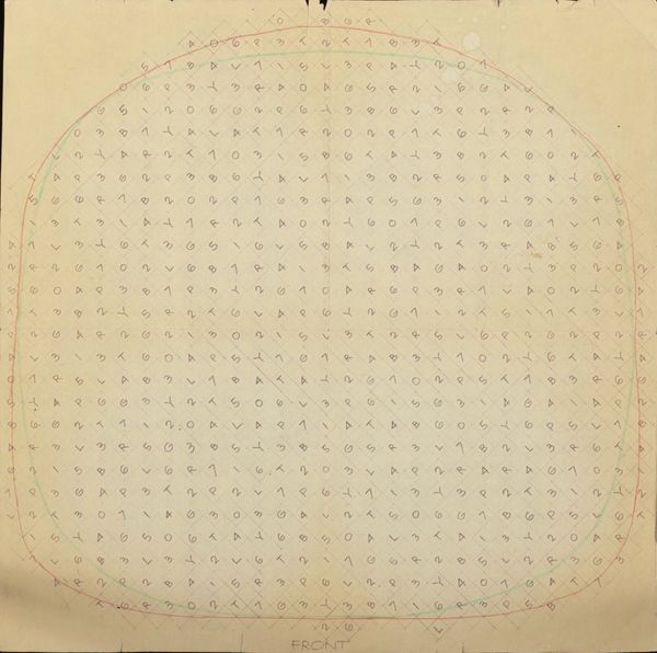 Needlepoint chair cushion pattern, b/w copy with colored pencil lines, by Alexander Girard