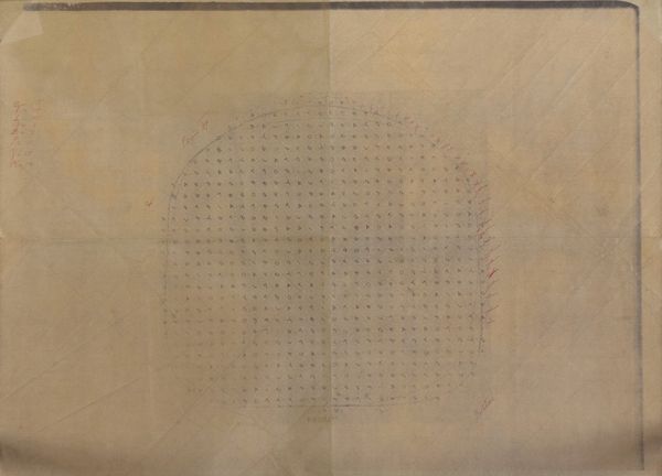 Needlepoint chair cushion pattern, small scale b/w copy, by Alexander Girard (annotated)